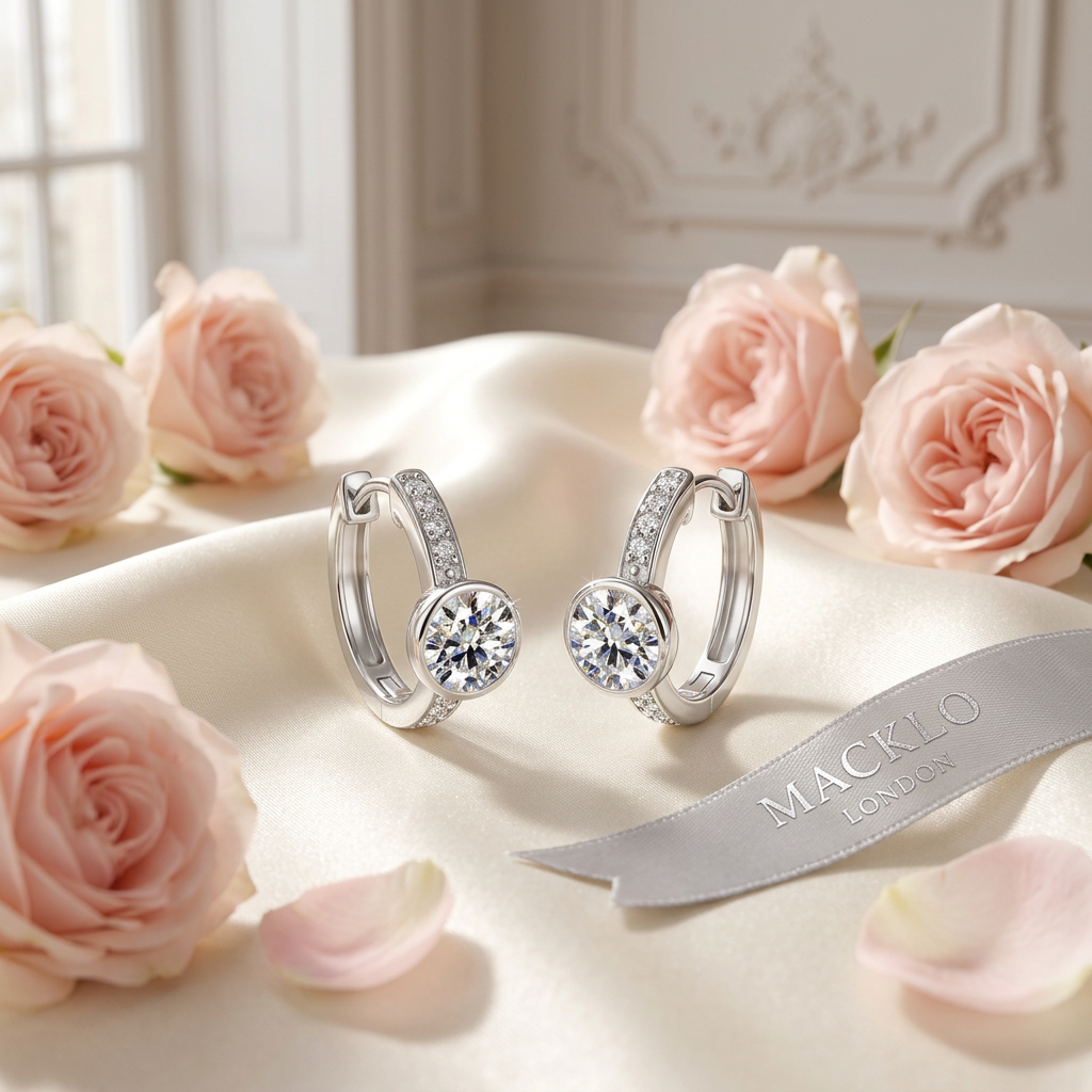 Moissanite Huggie Hoop Earrings 2ct  Total Bezel Set D Color VVS1 925  Sterling Silver – The Mayfair Hoops  | Macklo London