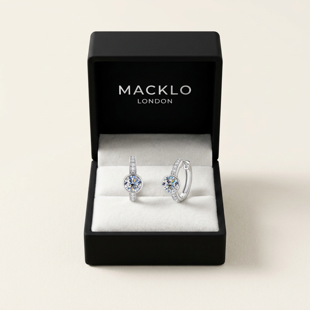 Moissanite Earrings 2ct Total – D Color VVS1 Bezel Set Huggie Hoop 925 Sterling Silver – The Mayfair Hoops | Macklo London