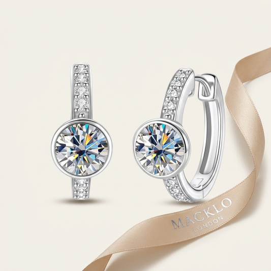 Moissanite Huggie Hoop Earrings 2ct  Total Bezel Set D Color VVS1 925  Sterling Silver – The Mayfair Hoops  | Macklo London
