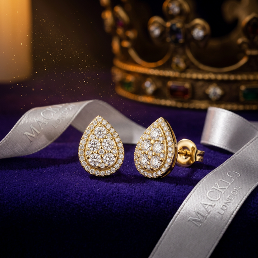 The Victoria Pear Earrings – Moissanite Pavé Cluster, 925 Sterling Silver, 18K Gold Plated  Macklo London