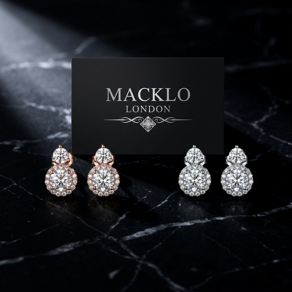 Moissanite Drop Earrings 5mm Halo Rose Gold 925 Sterling Silver – The Chelsea | Macklo London
