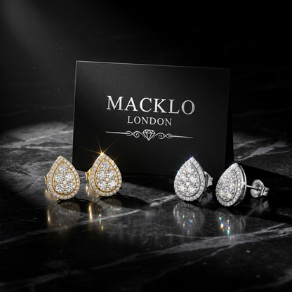 Moissanite Pear Earrings Pavé Cluster 18K Gold 925 Sterling Silver – The Victoria Pear | Macklo London