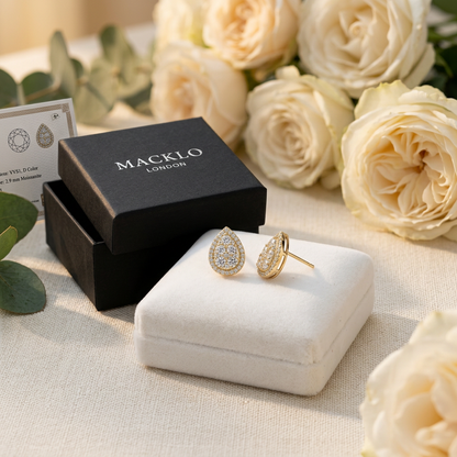 Moissanite Pear Earrings Pavé Cluster 18K Gold 925 Sterling Silver – The Victoria Pear | Macklo London