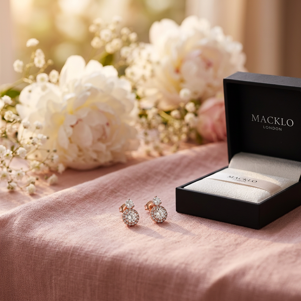Moissanite Drop Earrings 5mm Halo Rose Gold 925 Sterling Silver – The Chelsea | Macklo London