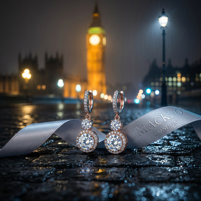 Moissanite Drop Earrings 5mm Halo Rose Gold 925 Sterling Silver – The Chelsea | Macklo London
