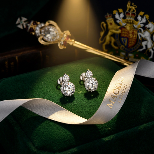 The Chelsea Drop Earrings – 5mm Moissanite Halo, 925 Sterling Silver, 18K Rose Gold Plated | Macklo London