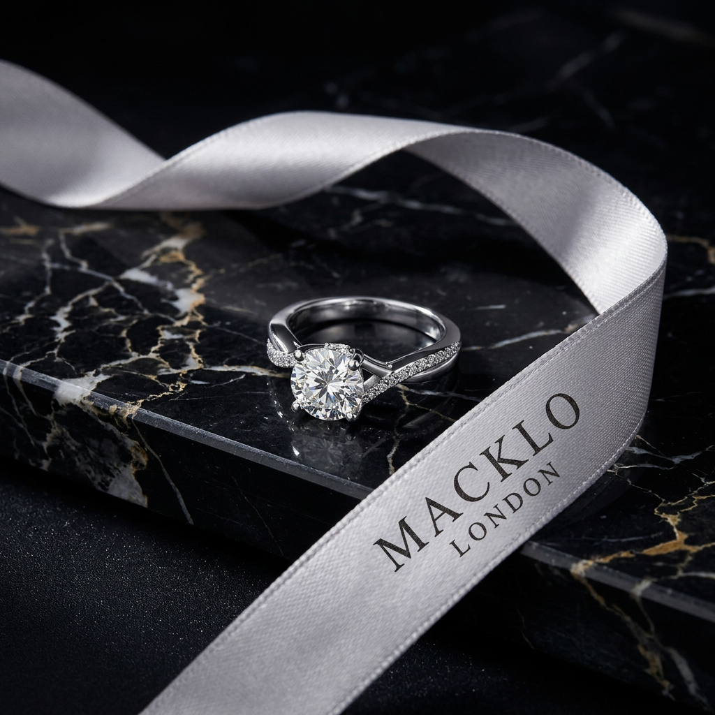 The Mayfair Twist Ring – 1ct Moissanite, 925 Sterling Silver, 18K White Gold Plated | Macklo London