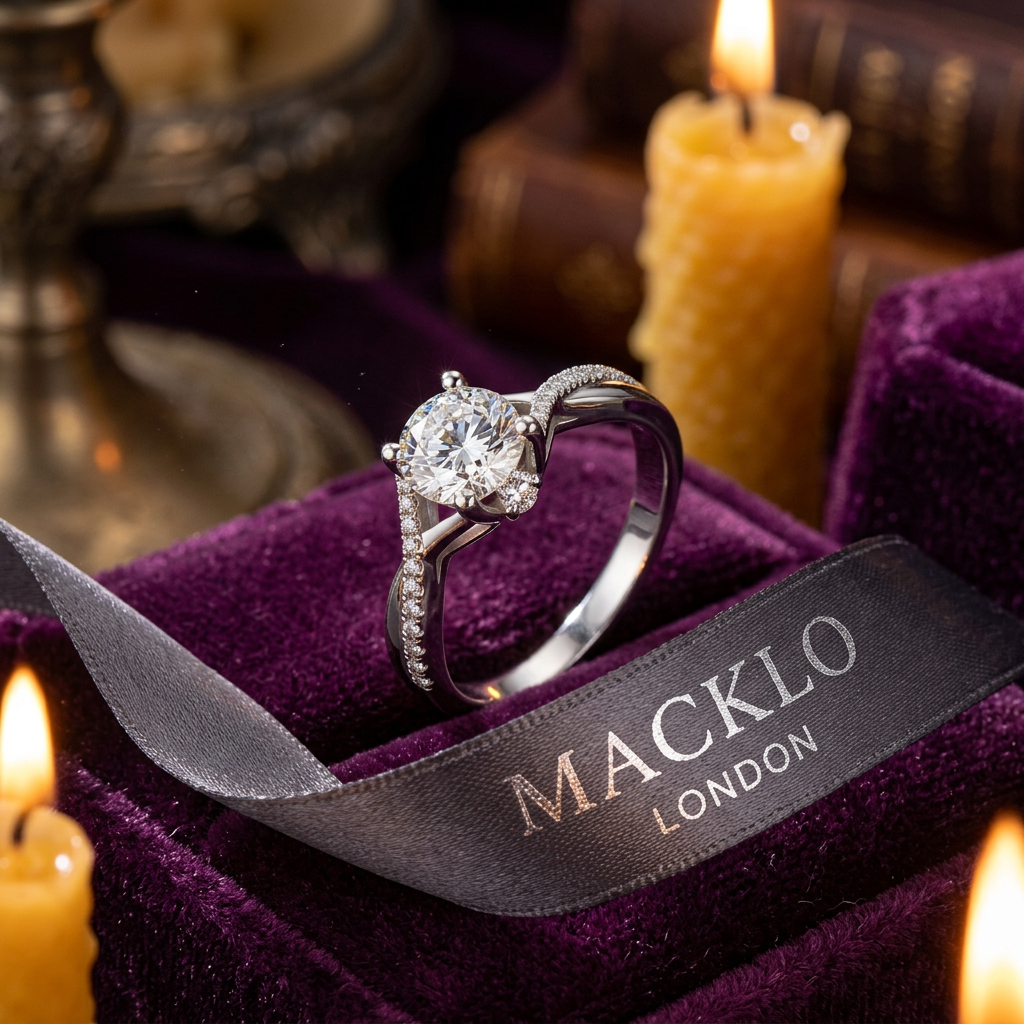 The Mayfair Twist Ring – 1ct Moissanite, 925 Sterling Silver, 18K White Gold Plated | Macklo London