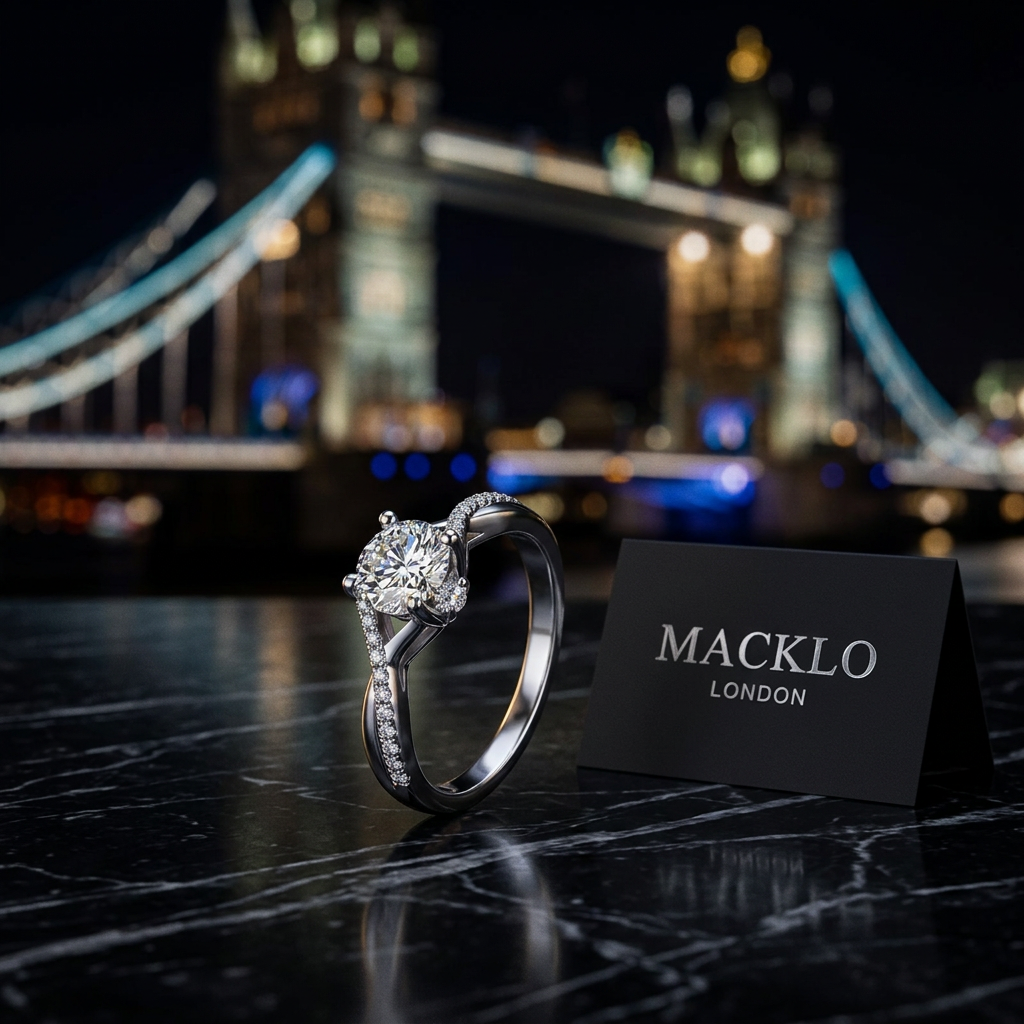 The Mayfair Twist Ring – 1ct Moissanite, 925 Sterling Silver, 18K White Gold Plated | Macklo London