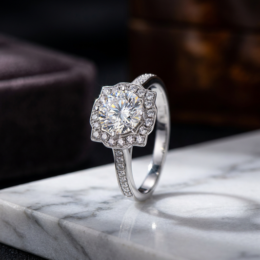 The Crown Halo Ring – 1ct Moissanite, 925 Sterling Silver, 18K White Gold Plated | Macklo London