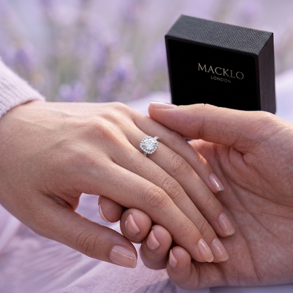 Moissanite Cushion Halo Engagement Ring – 1ct D Color VVS1, 925 Sterling Silver – The Belgravia | Macklo London