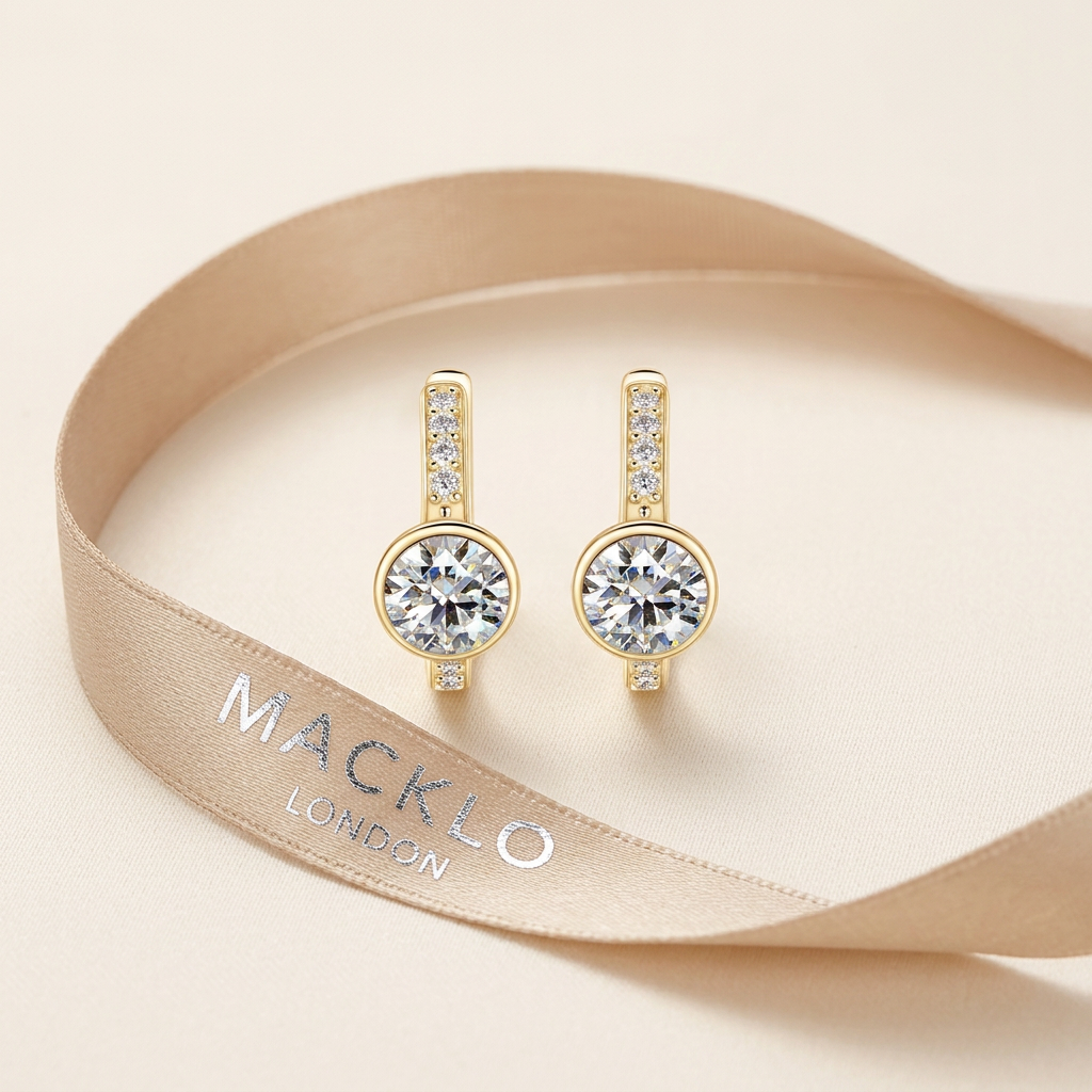 Moissanite Earrings 2ct Total – D Color VVS1 Bezel Set Huggie Hoop 925 Sterling Silver – The Mayfair Hoops | Macklo London