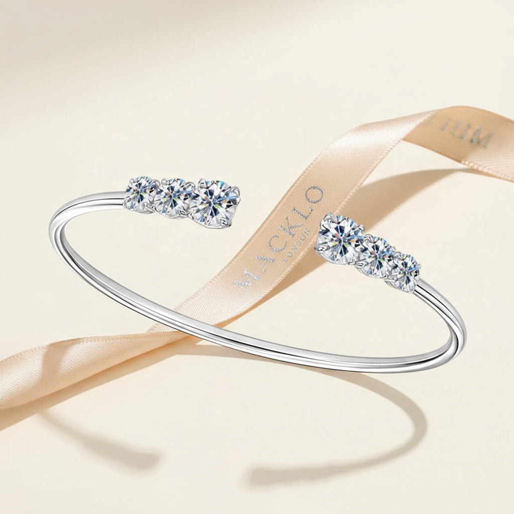 Moissanite Three Stone Bangle Bracelet 2.1ct – 925 Sterling Silver – The Kensington Bangle | Macklo London