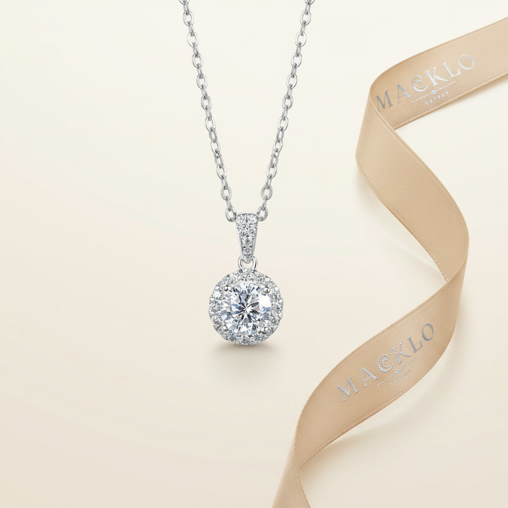 Moissanite Halo Pendant Necklace 1ct – 925 Sterling Silver – The Kensington Halo | Macklo London