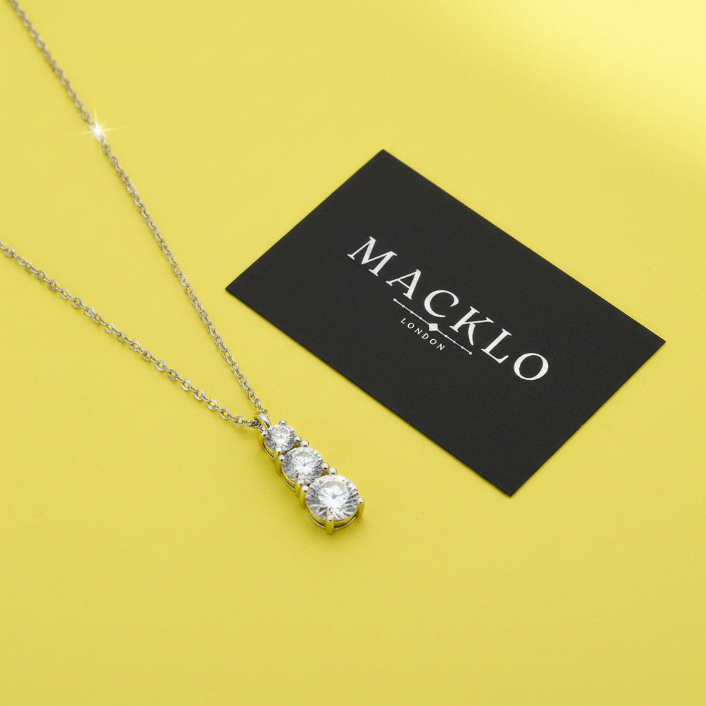 Moissanite 3 Stone Pendant Necklace 1.8ct – 925 Sterling Silver – The Kensington Trio | Macklo London