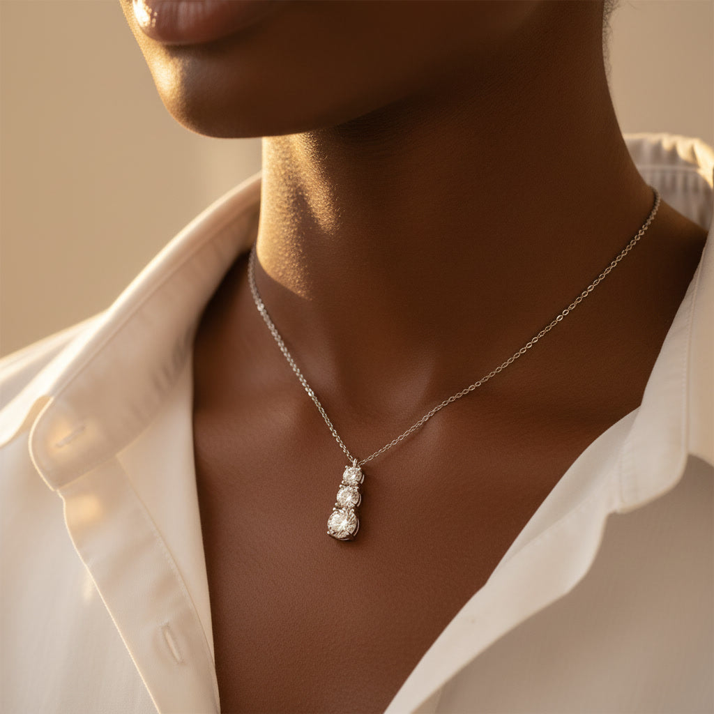Moissanite 3 Stone Pendant Necklace 1.8ct – 925 Sterling Silver – The Kensington Trio | Macklo London