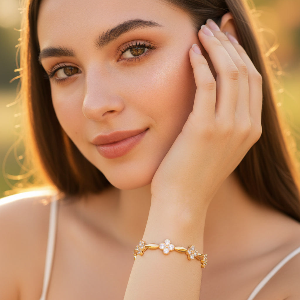 Moissanite Flower Charm Bracelet – 0.5ct 14K Gold Plated, 925 Sterling Silver – The Mayfair Flower | Macklo London
