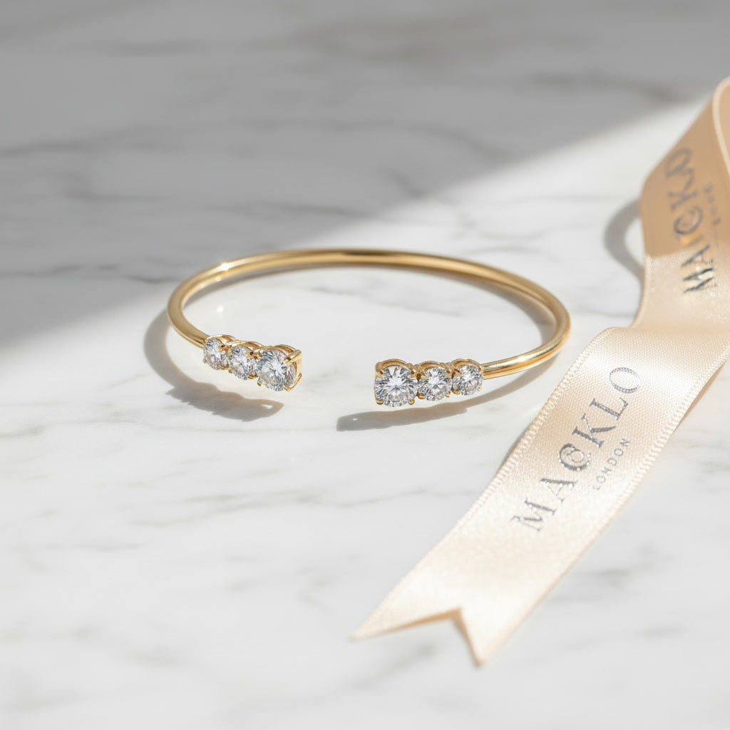 Moissanite Three Stone Bangle Bracelet 2.1ct – 925 Sterling Silver – The Kensington Bangle | Macklo London