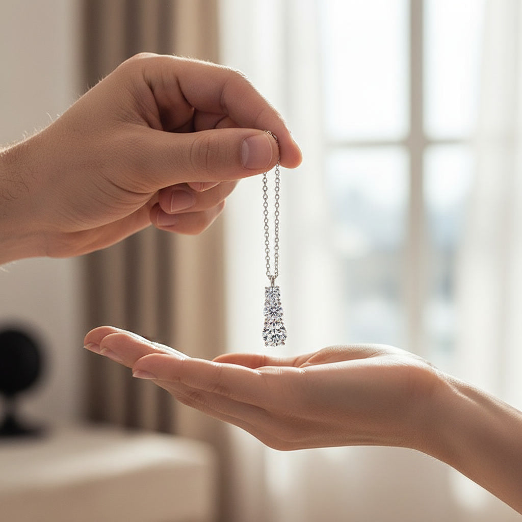 Moissanite 3 Stone Pendant Necklace 1.8ct – 925 Sterling Silver – The Kensington Trio | Macklo London