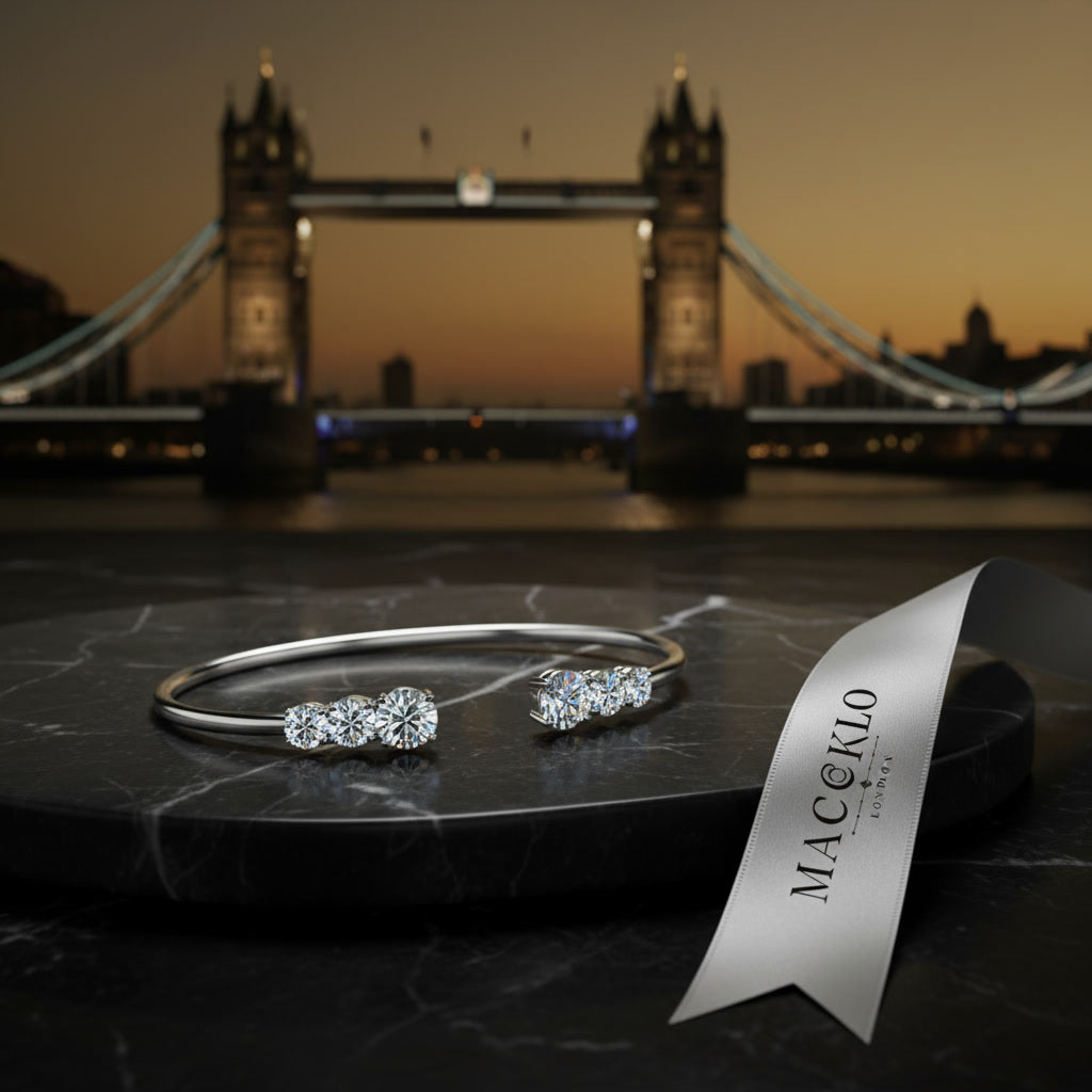 Moissanite Three Stone Bangle Bracelet 2.1ct – 925 Sterling Silver – The Kensington Bangle | Macklo London