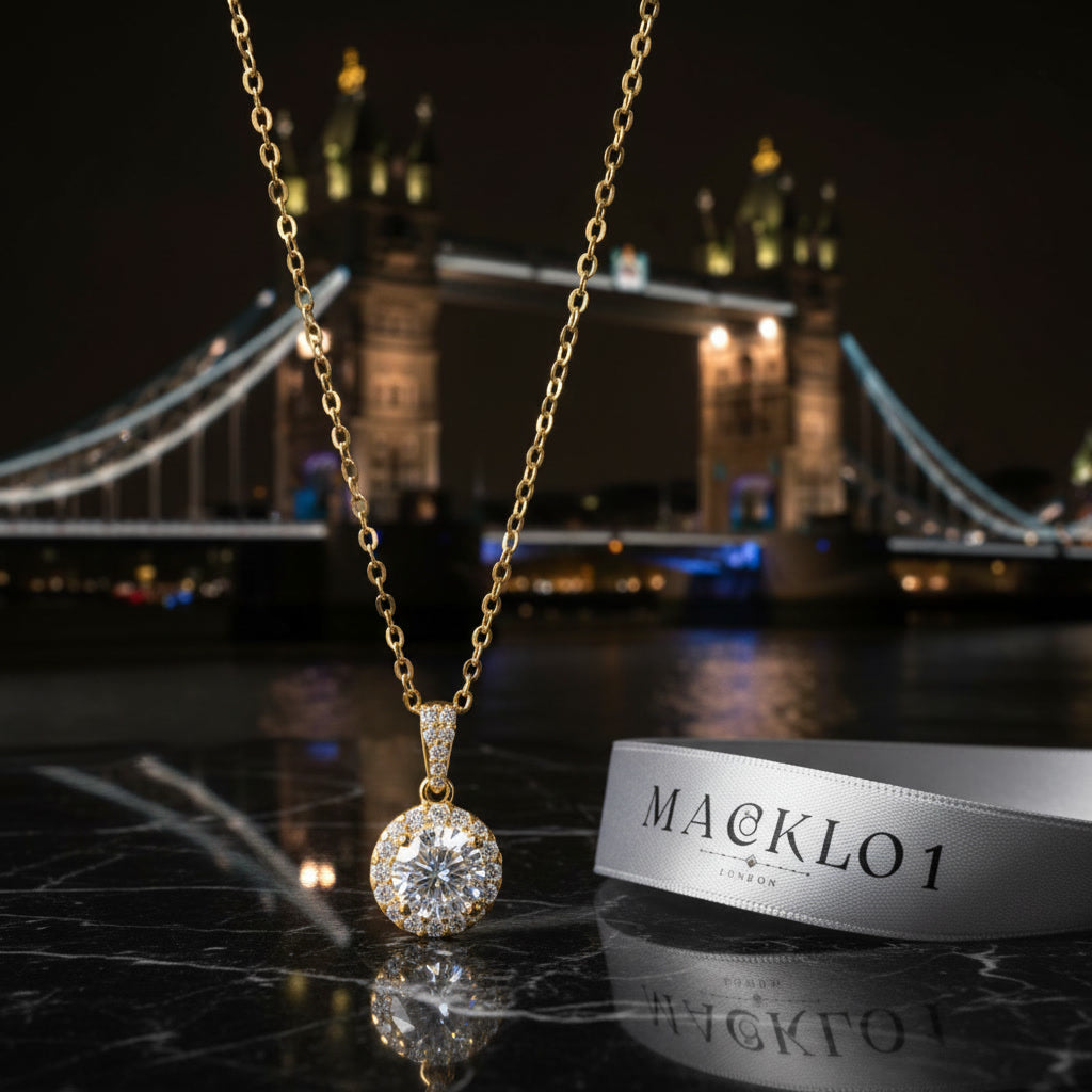 Moissanite Halo Pendant Necklace 1ct – 925 Sterling Silver – The Kensington Halo | Macklo London