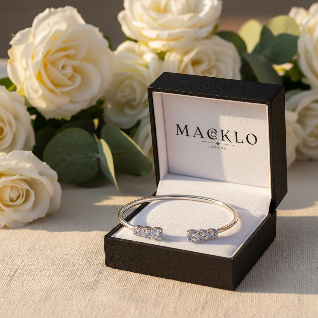 Moissanite Three Stone Bangle Bracelet 2.1ct – 925 Sterling Silver – The Kensington Bangle | Macklo London