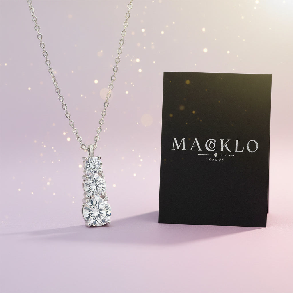 Moissanite 3 Stone Pendant Necklace 1.8ct – 925 Sterling Silver – The Kensington Trio | Macklo London