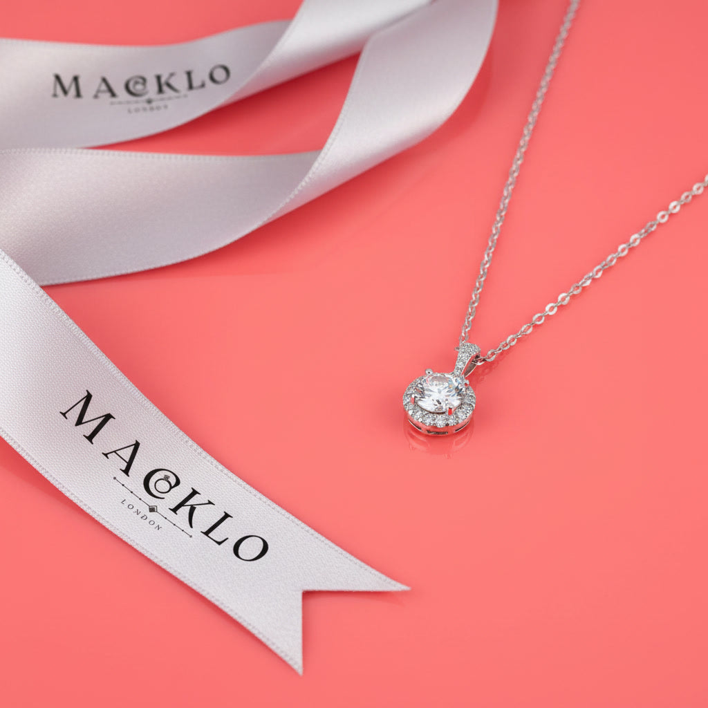 Moissanite Halo Pendant Necklace 1ct – 925 Sterling Silver – The Kensington Halo | Macklo London