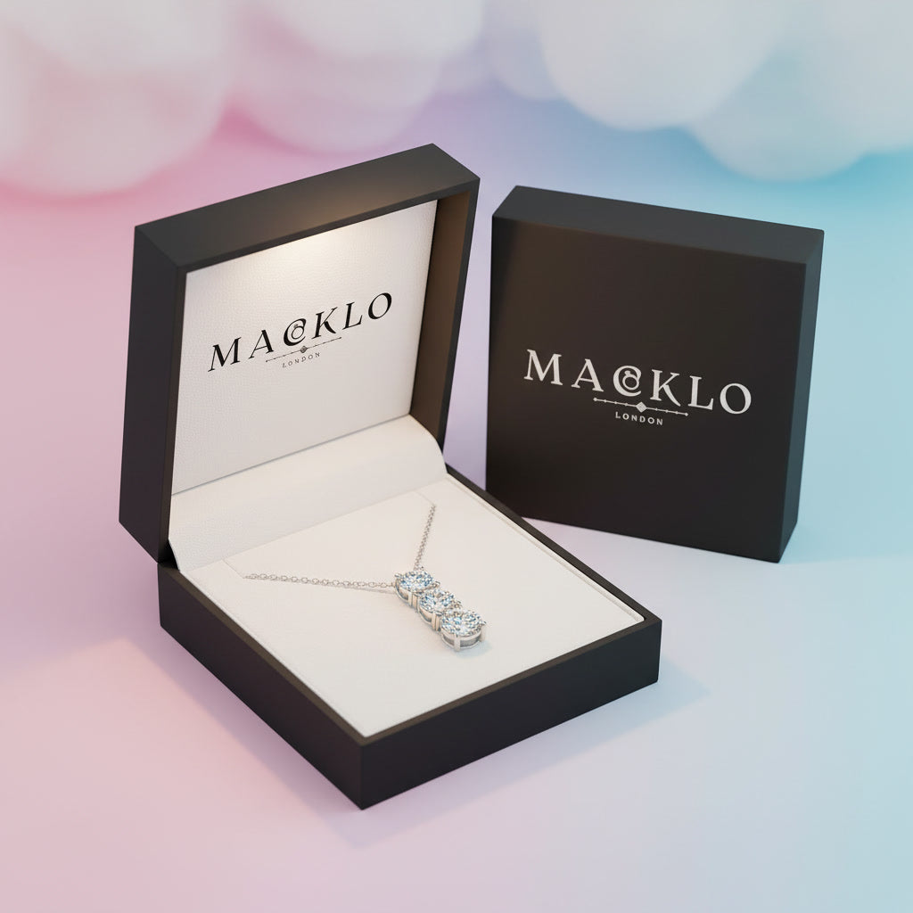 Moissanite 3 Stone Pendant Necklace 1.8ct – 925 Sterling Silver – The Kensington Trio | Macklo London