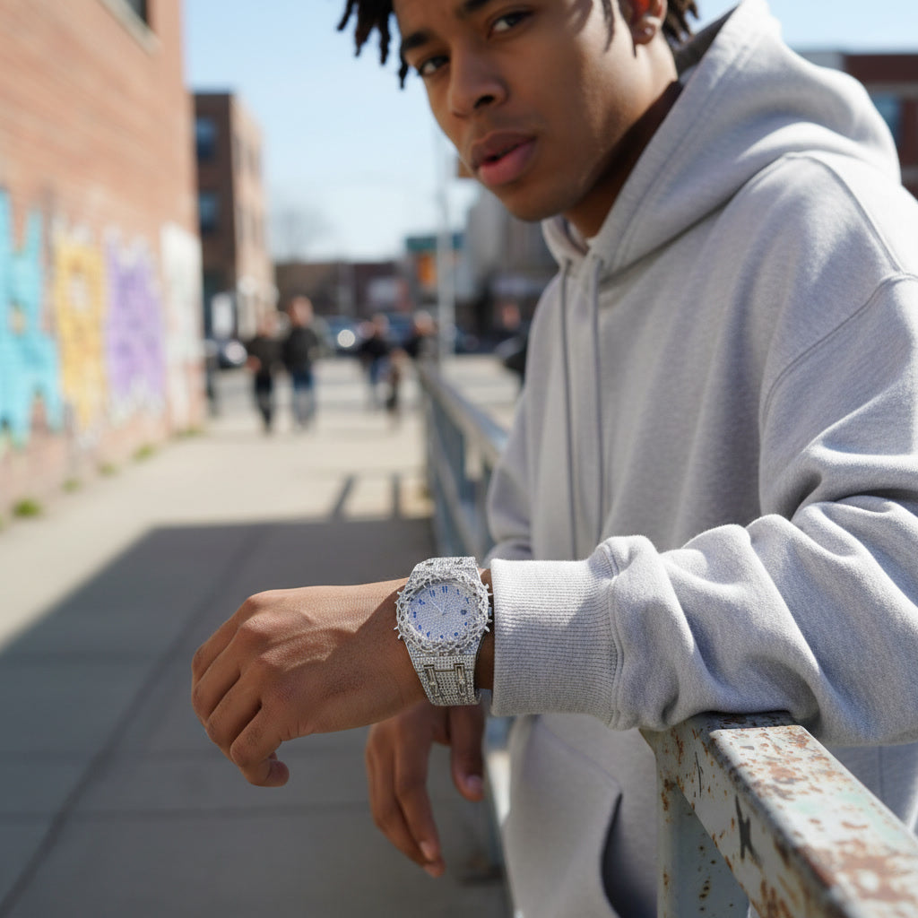 Iced Out Men's Watch – Full Diamond Hip Hop Luxury Quartz Watch with Date – Macklo London