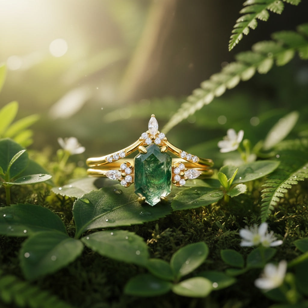 Moss Agate Engagement Ring Set – Natural Green Moss Agate Bridal Ring – 925 Sterling Silver – Gold Plated | Macklo London