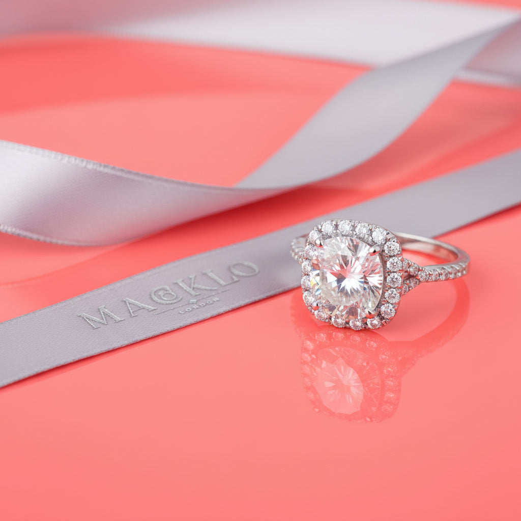 Moissanite Square Halo Ring 2ct 8mm D Color VVS1 – 925 Sterling Silver – The Belgravia Square | Macklo London