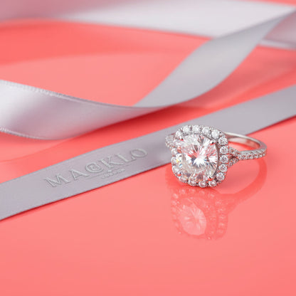 Moissanite Square Halo Ring 2ct 8mm D Color VVS1 – 925 Sterling Silver – The Belgravia Square | Macklo London