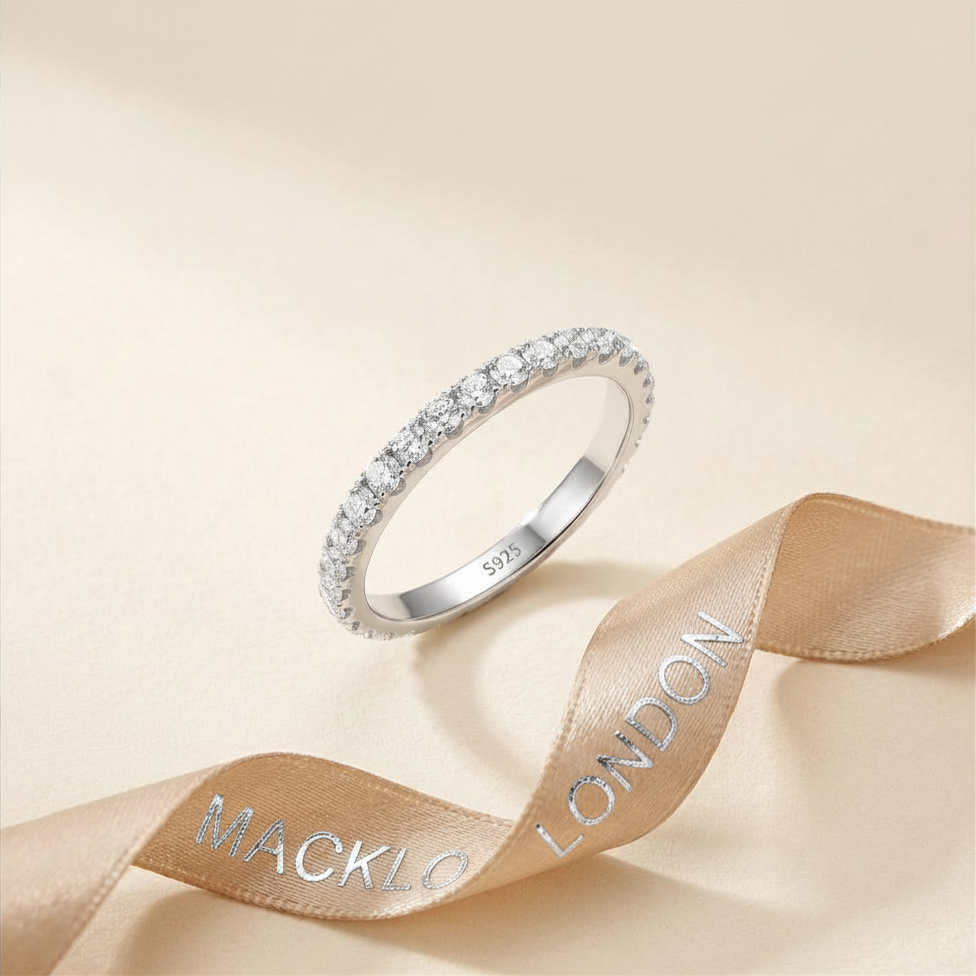 Moissanite Eternity Band 2mm Full Pavé – 925 Sterling Silver – The Belgravia Eternity | Macklo London