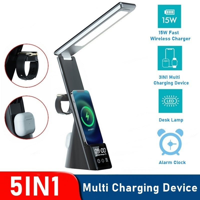 5 IN 1 Wireless Charger, With Desk Lamp & Digital Alarm Clock